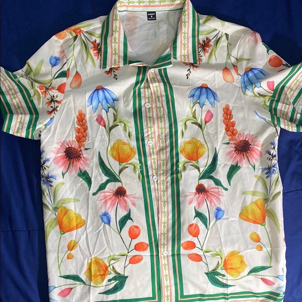 White Floral Casual Button Down Shirt with Green Trim
